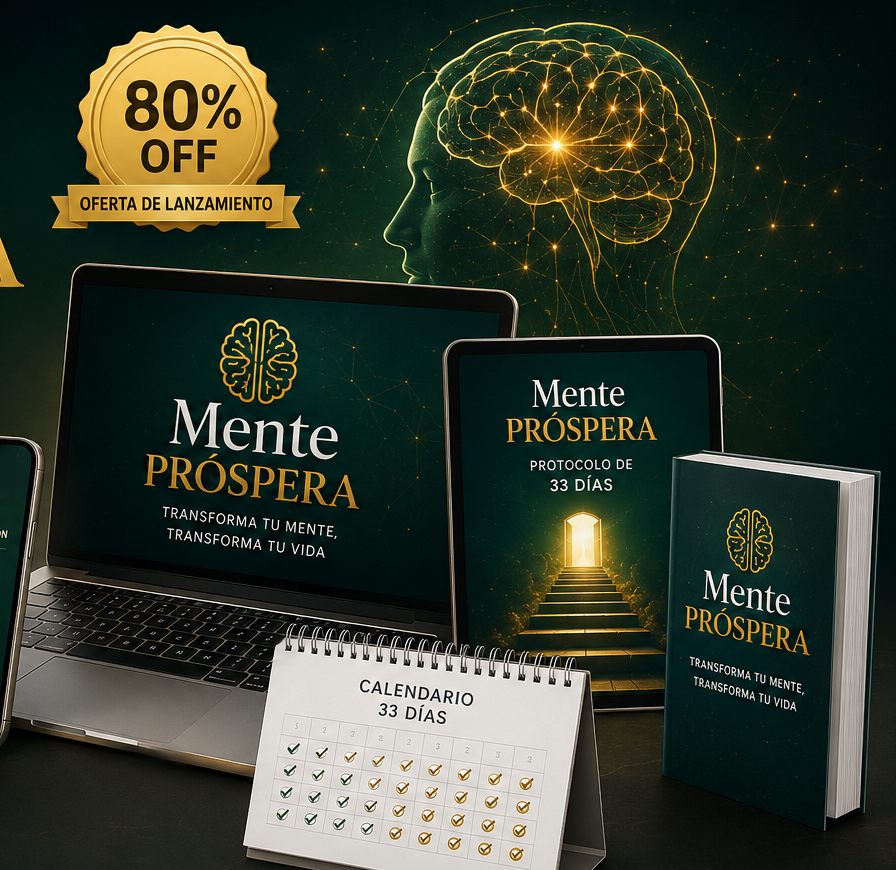 Protocolo Mente Próspera mostrado en laptop, tablet, celular y libro físico